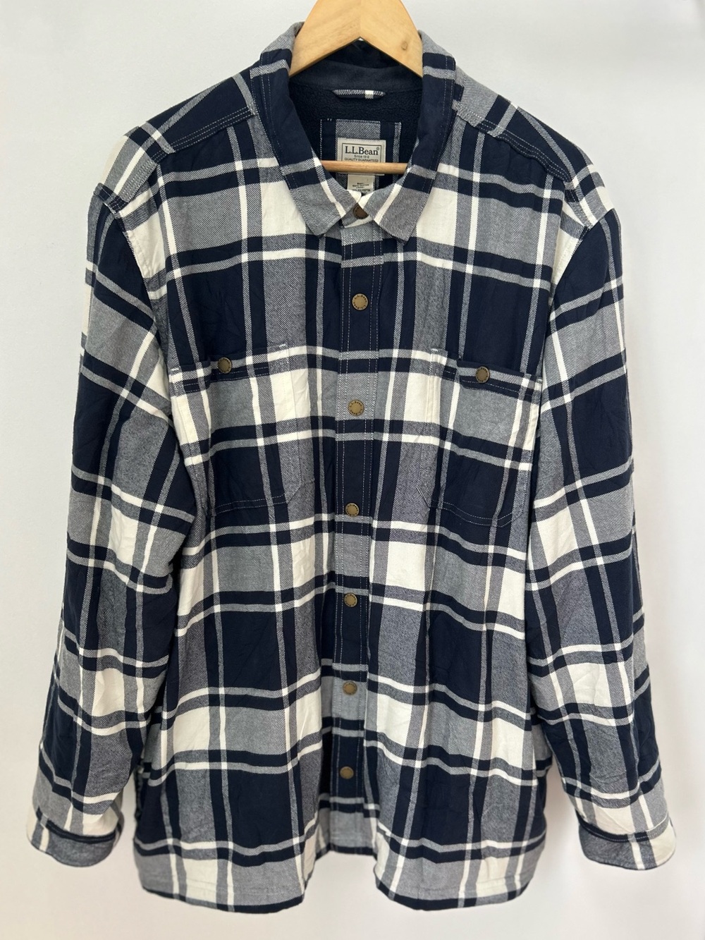 L.L.Bean Fleece Lined Plaid Shirt Jacket Shacket XXL Navy Cream